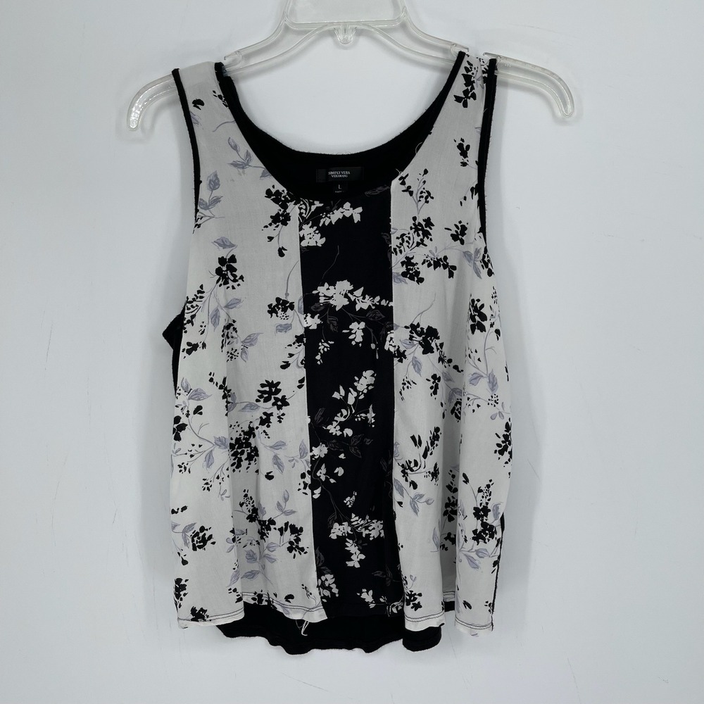 Simply Vera Vera Wang Women's Black White Floral Mixed Media Tank Top Size L
